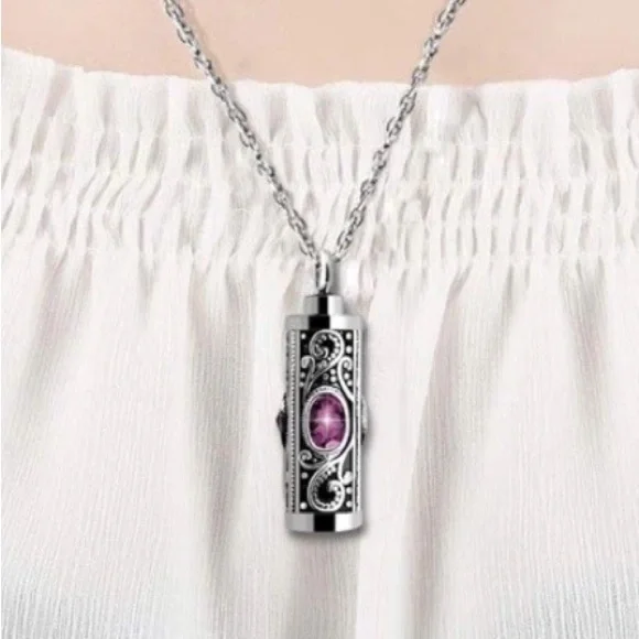 Stainless Steel Cremation Urn Necklace For Ashes With Purple Stone And Funnel - Picture 1 of 5